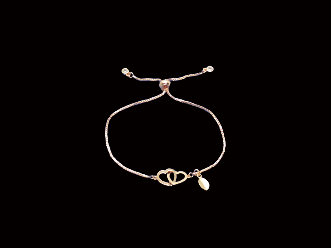 handmade monogram leaf and double heart 18k rose gold adjustable bracelet