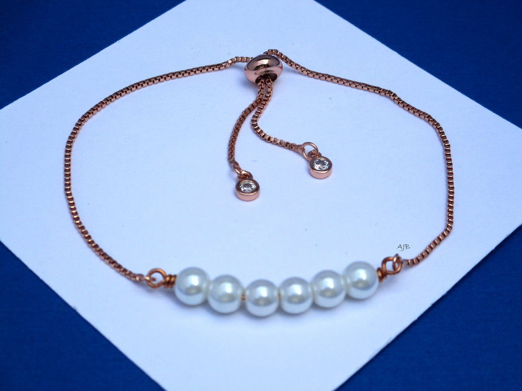18K Rose Gold Pearl Bar Bracelet, white or custom color