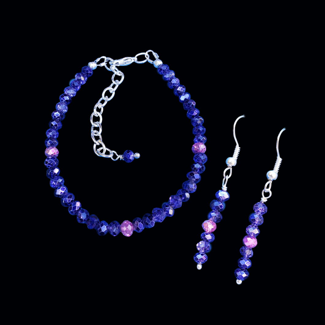 Bracelet Sets - Bridal Gifts - Bridal Gift Ideas - handmade crystal bracelet accompanied by a pair of drop earrings, purple and pink or custom color
