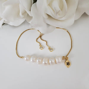 handmade 18k fresh water pearl monogram leaf bracelet in gold