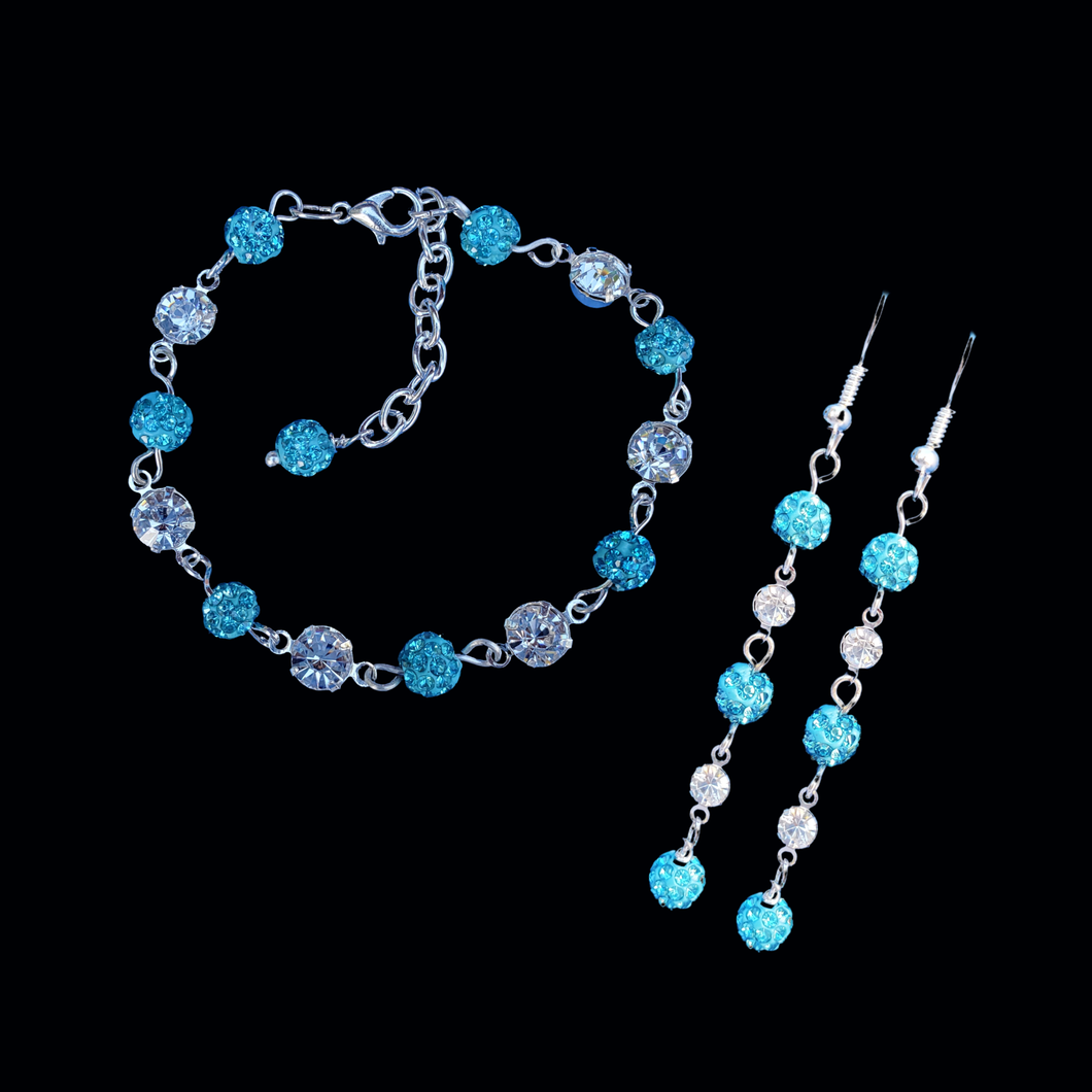 Bracelet Sets - Bridesmaid Jewelry - Bridal Gift Ideas - handmade 18k and pave crystal rhinestone bracelet combined with a pair of drop earrings, aquamarine blue or custom color