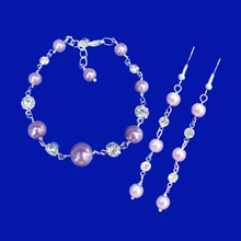 Load image into Gallery viewer, Handmade Pearl and 18k Crystal Bracelet accompanied by a pair of Drop Earring Jewelry Set, lavender purple or custom color