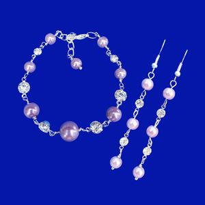 Handmade Pearl and 18k Crystal Bracelet accompanied by a pair of Drop Earring Jewelry Set, lavender purple or custom color