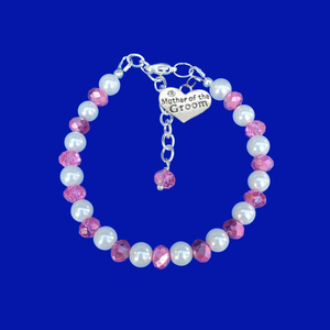 Mother of the Groom Pearl Crystal Charm Bracelet, white and pink or custom color