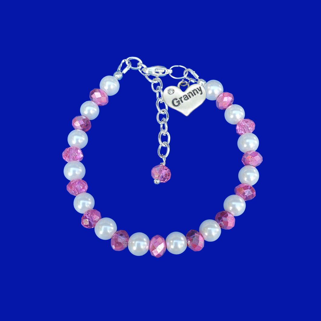 Granny Mothers Day - Granny Gift - Granny Present - granny handmade pearl and crystal charm bracelet, white and pink or custom color