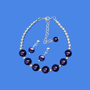 Stud Earrings Set - Bridal Sets - Bracelet Sets, handmade silver accented bracelet accompanied by a pair of stud earrings, dark purple or custom color