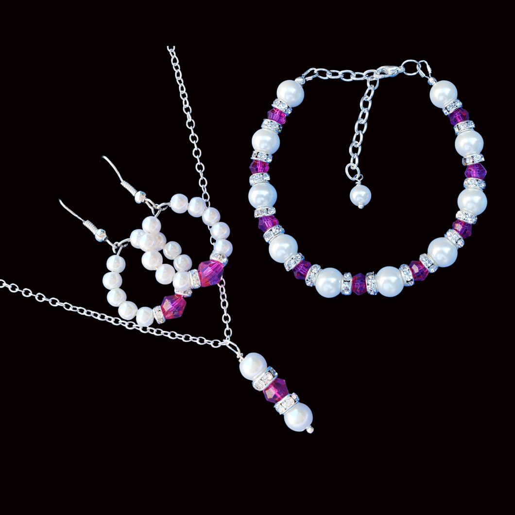 Jewelry Sets - Pearl Set - Bridal Jewelry Set, handmade swarovski crystal and pearl drop necklace accompanied by a bracelet and a pair of hoop earrings, rose red pink and white or custom color