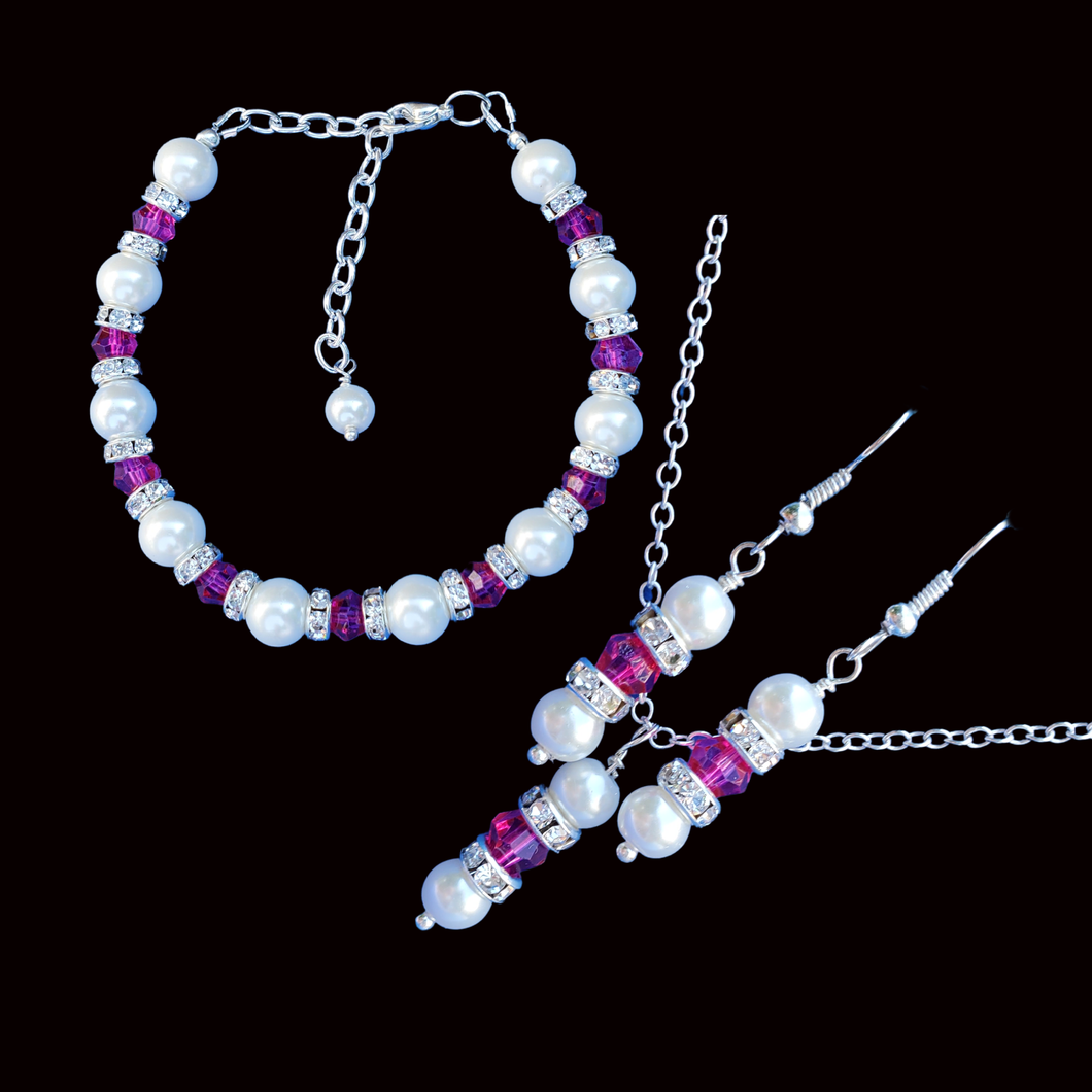 Necklace Set - Pearl Set - Pearl Jewelry Set - Jewelry Set, handmade pearl and swarovski crystal drop necklace accompanied by a bracelet and a pair of drop earrings, white and pink or custom colors