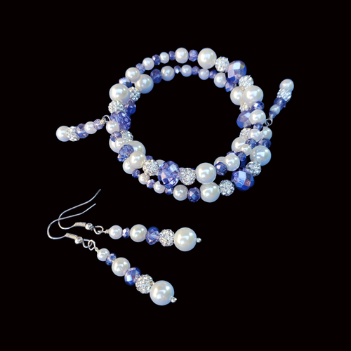 Bride Present Ideas - Bracelet Sets - Pearl Set  - handmade pearl and crystal expandable, multi-layer, wrap bracelet accompanied by a pair of drop earrings, white and blue or custom color