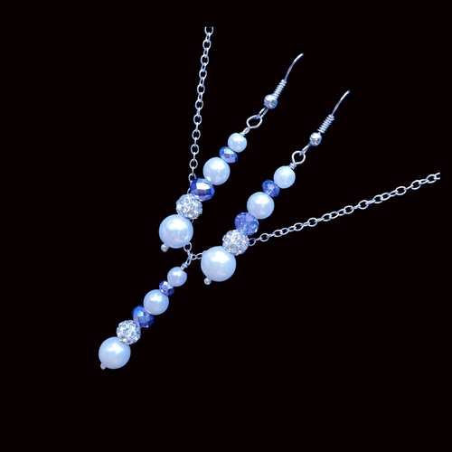 Necklace Set - Earrings Set - Necklace And Earring Set, pearl crystal drop necklace drop earring jewelry set, white blue or custom color