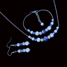 Load image into Gallery viewer, Jewelry Sets - Bridal Necklace Set - Pearl Set - handmade pearl and crystal bar necklace accompanied by a matching bracelet and a pair of drop earrings, white and blue or custom color