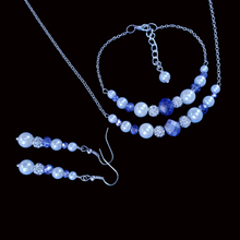 Load image into Gallery viewer, Jewelry Sets - Pearl Set - Bridal Party Jewelry Sets - handmade pearl and crystal bar necklace accompanied by a matching bracelet and a pair of drop earrings, white and blue or custom color