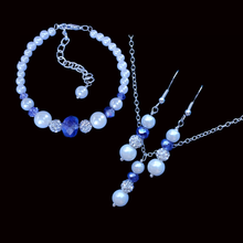 Load image into Gallery viewer, Bridesmaid Jewelry - Jewelry Sets - Bridal Party Gifts - pearl crystal drop necklace bracelet drop earring jewelry set, white and blue or custom color