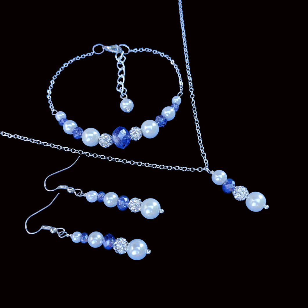 Necklace Set - Jewelry Set - Pearl Jewelry Set, pearl crystal drop necklace bar bracelet drop earring jewelry set, white and blue or custom color