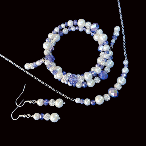 Necklace Set - Bridal Jewelry Set - Jewelry Set, pearl crystal bar necklace expandable multi layer wrap bracelet drop earring jewelry set, white and blue or custom color