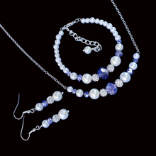 Load image into Gallery viewer, Bridesmaid Jewelry - Jewelry Set - Pearl Jewelry Set - handmade pearl and crystal bar necklace accompanied by a bracelet and a pair of drop earrings, white blue silver or custom color