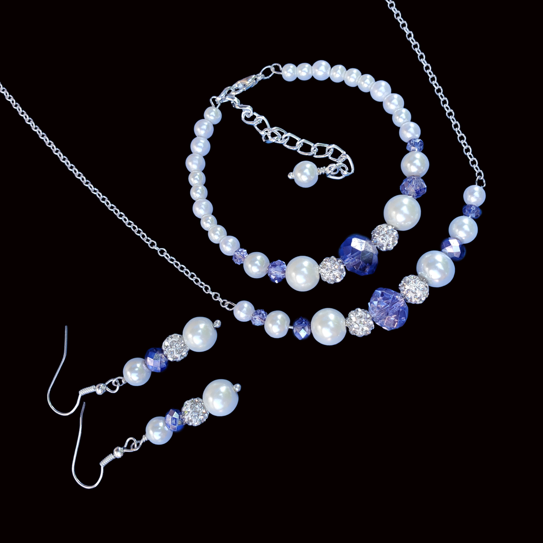 Bridesmaid Jewelry - Jewelry Set - Pearl Jewelry Set - handmade pearl and crystal bar necklace accompanied by a bracelet and a pair of drop earrings, white blue silver or custom color