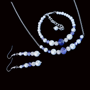 Jewelry Sets - Maid of Honor Proposal - Pearl Set - handmade pearl and crystal bar necklace accompanied by a bracelet and a pair of drop earrings, white blue silver or custom color