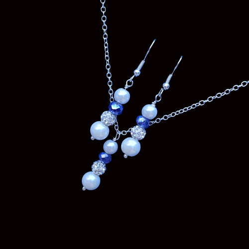 Pearl Set - Bridal Sets - Necklace And Earring Set, pearl crystal drop necklace drop earring jewelry set, white and blue or custom color