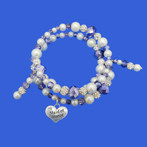 handmade maid of honor pearl and crystal expandable, multi-layer, wrap charm bracelet 
