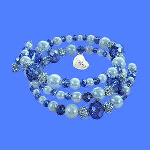 sister pearl crystal expandable multi layer wrap charm bracelet, white and blue or custom color