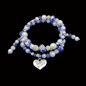Friend Bracelet - Friend Gift - Best Friend Gift, best friend pearl crystal expandable multi layer wrap charm bracelet, white and blue or custom color