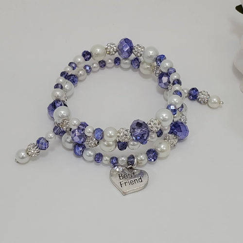 Handmade best friend pearl and crystal expandable multi layer wrap charm bracelet, white and blue or custom color - Friend Bracelet - Friend Gift - Best Friend Gift