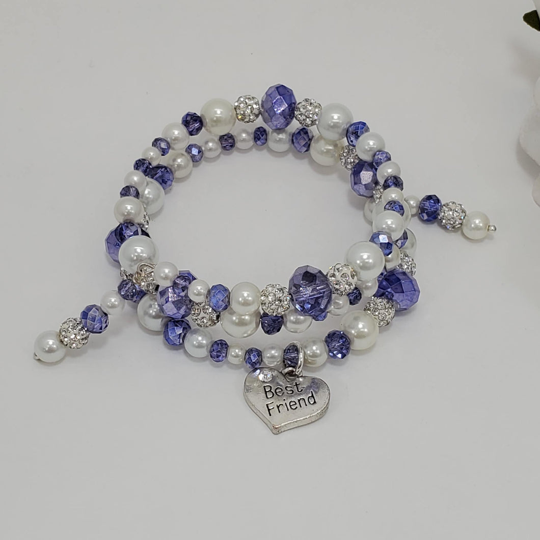 Handmade best friend pearl and crystal expandable multi layer wrap charm bracelet, white and blue or custom color - Friend Bracelet - Friend Gift - Best Friend Gift