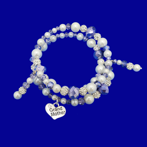 Grand Mother Gift - First Grandmother Gift - pearl crystal expandable, multi-layer, wrap charm bracelet, white and blue or custom color