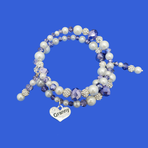 Granny Gift - Granny Present - Granny Charm Bracelet - Granny Pearl Crystal Wrap Charm Bracelet, white and blue or custom color