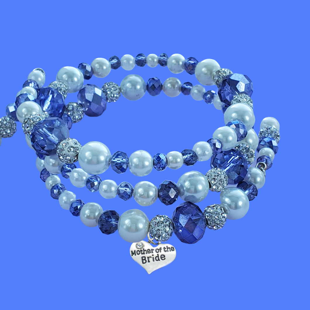 Mother of the Bride Expandable Multi Layer Wrap Pearl Charm Bracelet, blue white
