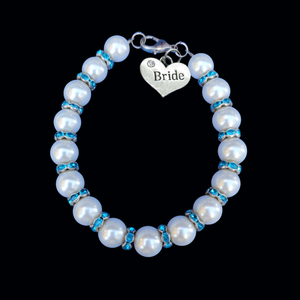 Bride Present - Bride Gift - Bride Jewelry, bride pearl crystal charm bracelet, white and blue or custom color
