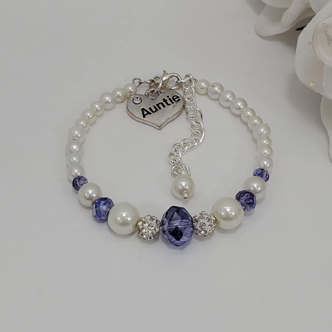 Handmade auntie pearl crystal charm bracelet, white and blue or custom color - Auntie Jewelry - Auntie Gift Ideas - Auntie Gift