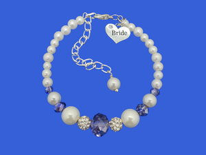Bride Gift - Bride Jewelry - Bride Present, handmade bride pearl crystal charm bracelet, white and blue or custom color
