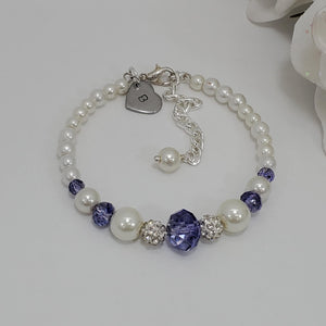 Handmade monogram pearl crystal charm bracelet, white and blue or custom color - Bracelets - Personalized Bracelet - Charm Bracelets
