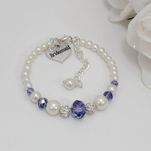 Handmade bridesmaid pearl crystal charm bracelet, white and blue or custom color - Bridesmaid Gift - Bridesmaid Gift Ideas