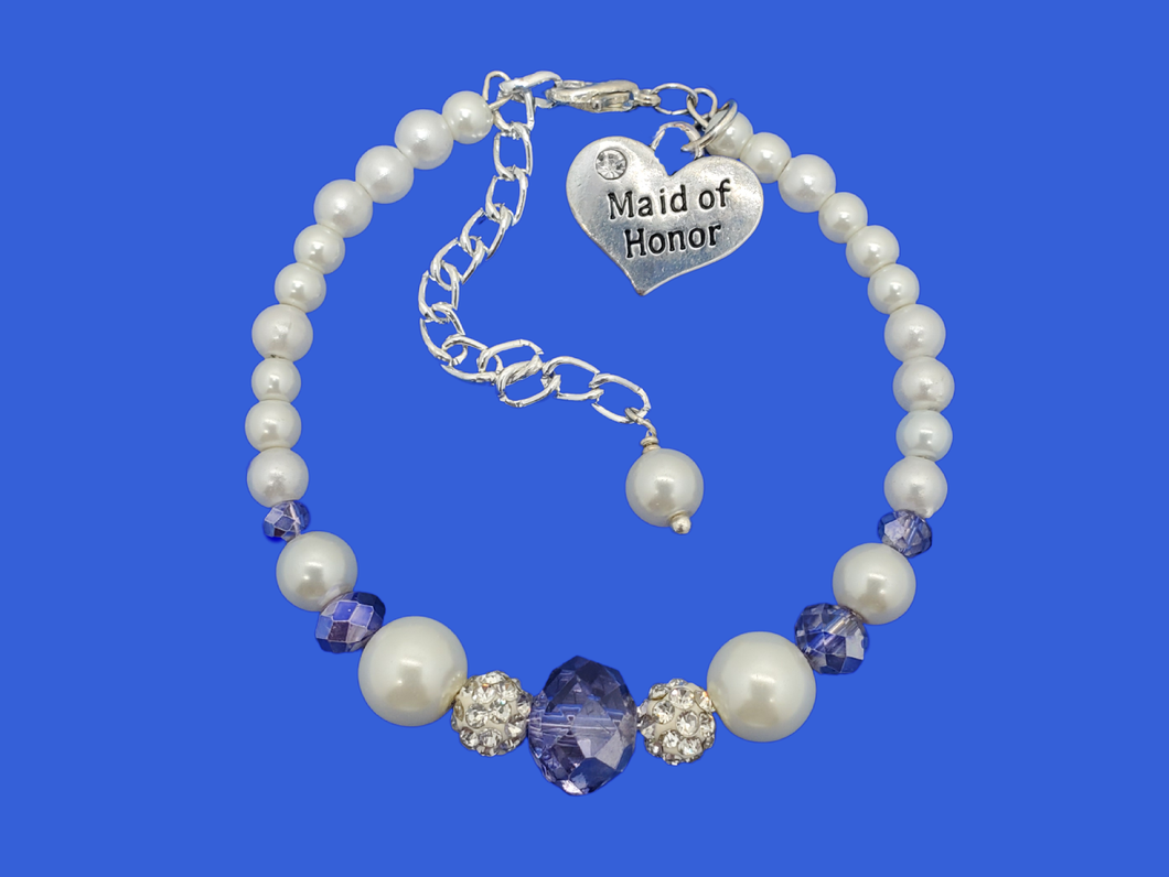 maid of honor pearl crystal charm bracelet, white blue