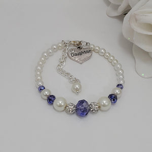 Handmade pearl and crystal daughter charm bracelet, white and blue or custom color - Daughter Gift - Daughter In Law Gifts