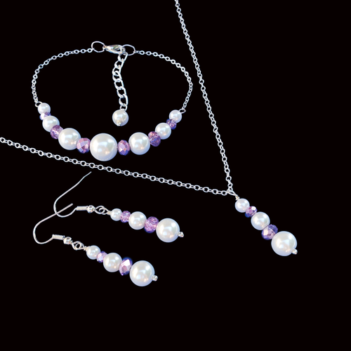 Pearl Set - Jewelry Sets - Bridesmaid Proposal - handmade pearl and crystal drop necklace accompanied by a bar bracelet and a pair of drop earrings, white and purple or custom color
