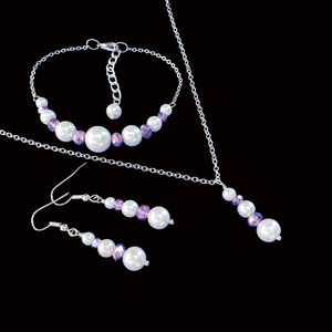 Pearl Set - Jewelry Sets - Bridesmaid Proposal - handmade pearl and crystal drop necklace accompanied by a bar bracelet and a pair of drop earrings, white and purple or custom color