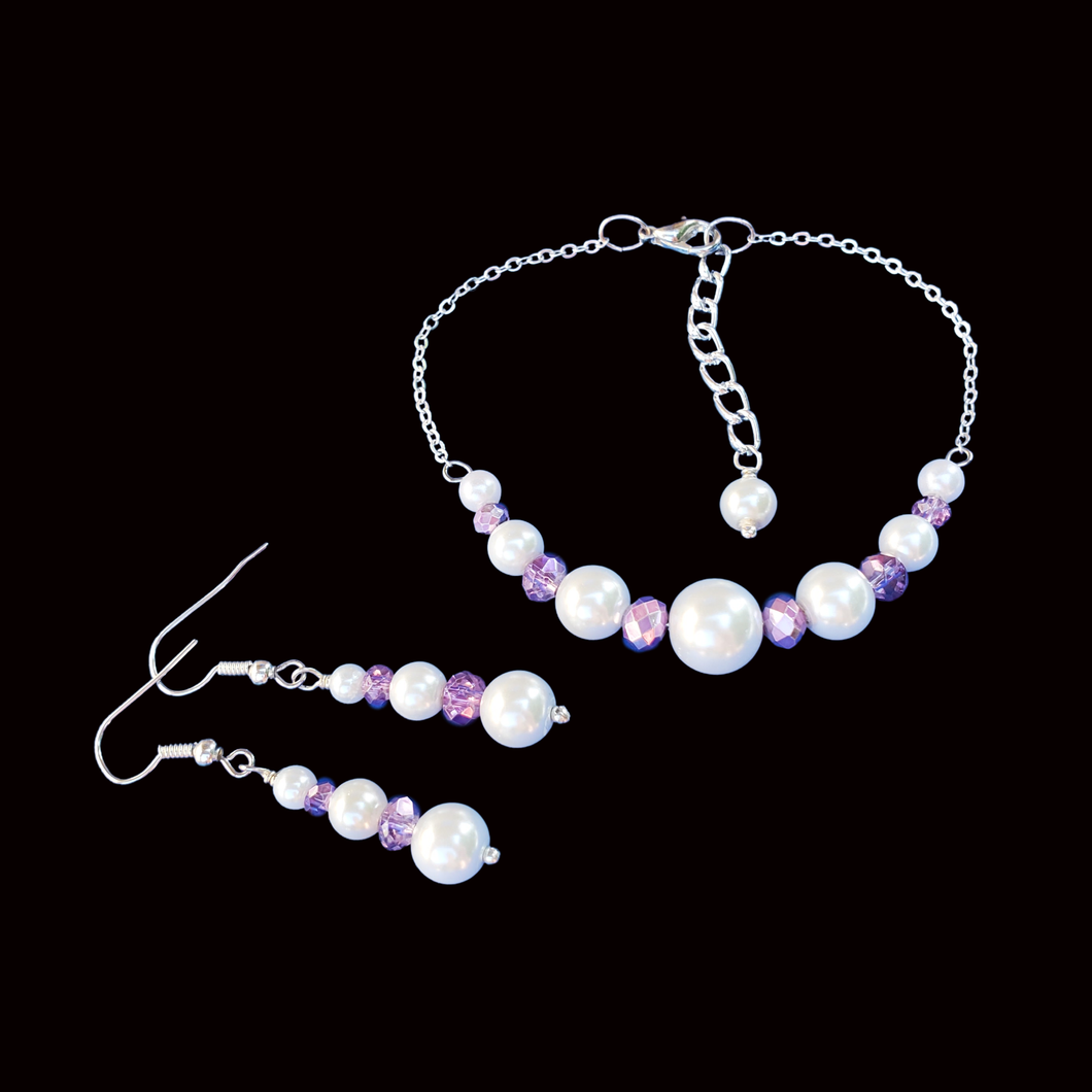 Pearl Set - Pearl Jewelry Set - Bracelet Sets, handmade pearl and crystal bar bracelet accompanied by a pair of drop earrings, white and purple or custom color