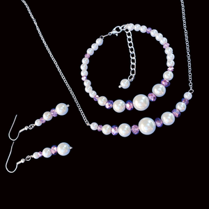 Pearl Necklace Set - Jewelry Set - Bridal Sets - handmade pearl and crystal bar necklace accompanied by a bracelet and a pair of drop earrings, white and purple or custom color