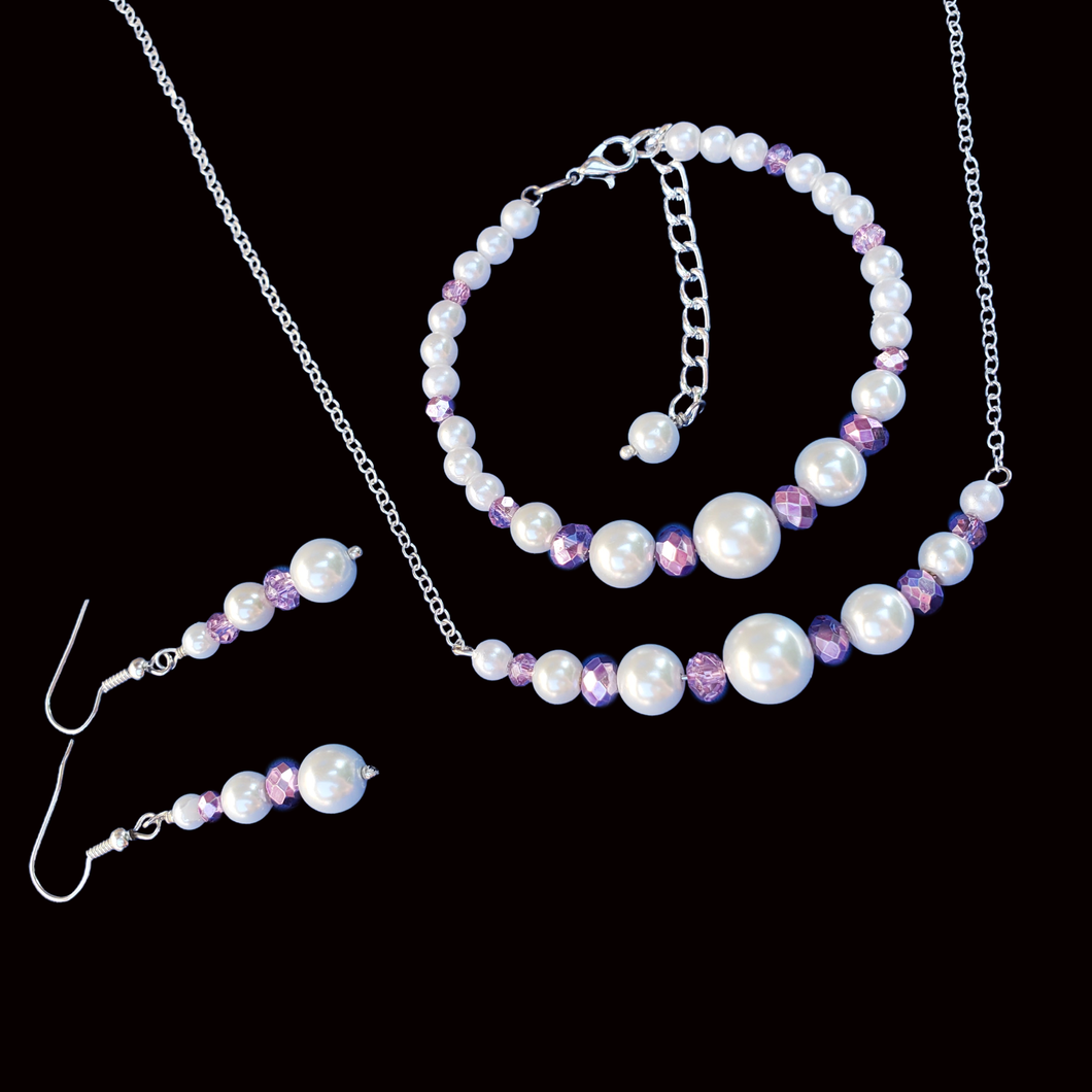 Pearl Necklace Set - Jewelry Set - Bridal Sets - handmade pearl and crystal bar necklace accompanied by a bracelet and a pair of drop earrings, white and purple or custom color