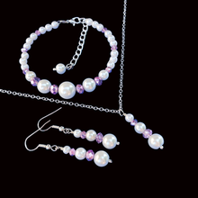 Load image into Gallery viewer, Jewelry Sets - Maid Of Honor Gifts - Bridal Sets - handmade pearl and crystal drop necklace accompanied by a bracelet and a pair of drop earrings, white and purple or custom color