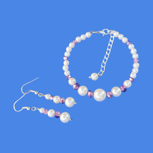 Pearl Jewelry Set - Jewelry Set - Bracelet Sets, pearl crystal bracelet drop earring jewelry set, white and purple or custom color