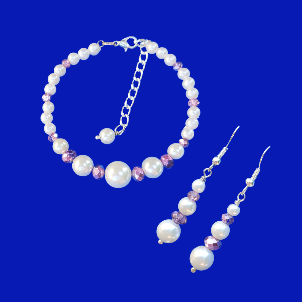 Pearl Jewelry Set - Jewelry Set - Bracelet Sets, pearl crystal bracelet drop earring jewelry set, white and purple or custom color