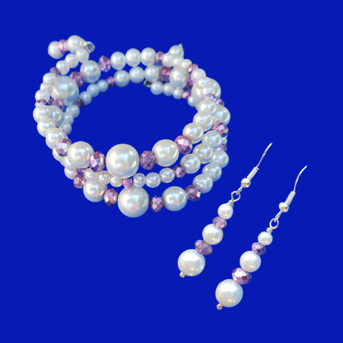 Bracelet Sets - Bridal Jewelry Set - Pearl Set, pearl crystal expandable multi layer wrap bracelet drop earring jewelry set, white purple or custom color
