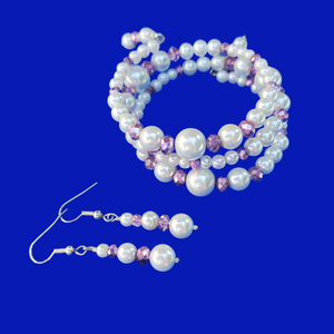 Bracelet Sets - Bridal Jewelry Set - Pearl Set, pearl crystal expandable multi layer wrap bracelet drop earring jewelry set, white purple or custom color