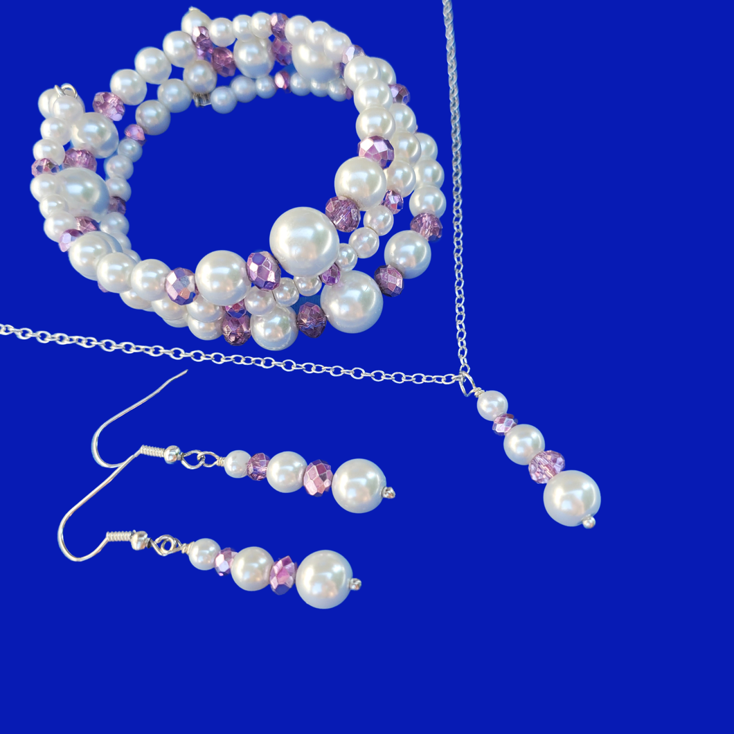 Pearl Set - Necklace Set - Jewelry Set, pearl crystal drop necklace expandable multi layer wrap bracelet drop earring jewelry set, white purple or custom color