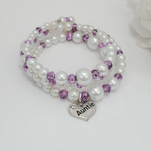 Load image into Gallery viewer, Handmade Auntie pearl crystal expandable multi layer wrap charm bracelet, white and purple or custom color - Auntie Gift - Auntie Present - Auntie Gift Ideas